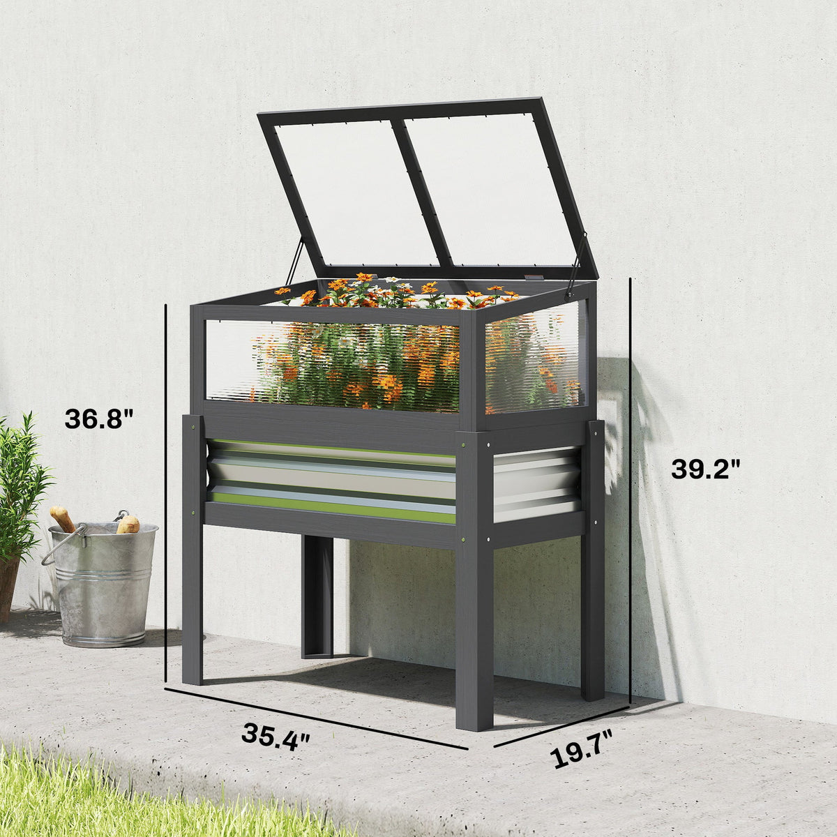 Raised Garden Bed with Flip-Up Greenhouse Top and Legs, Gray