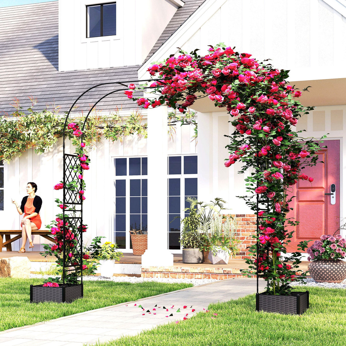 7.2ft Garden Arch with 2 Planter Boxes for Climbing Plants, Black