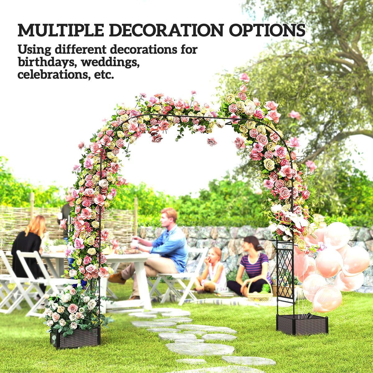 7.2ft Garden Arch with 2 Planter Boxes for Climbing Plants, Black