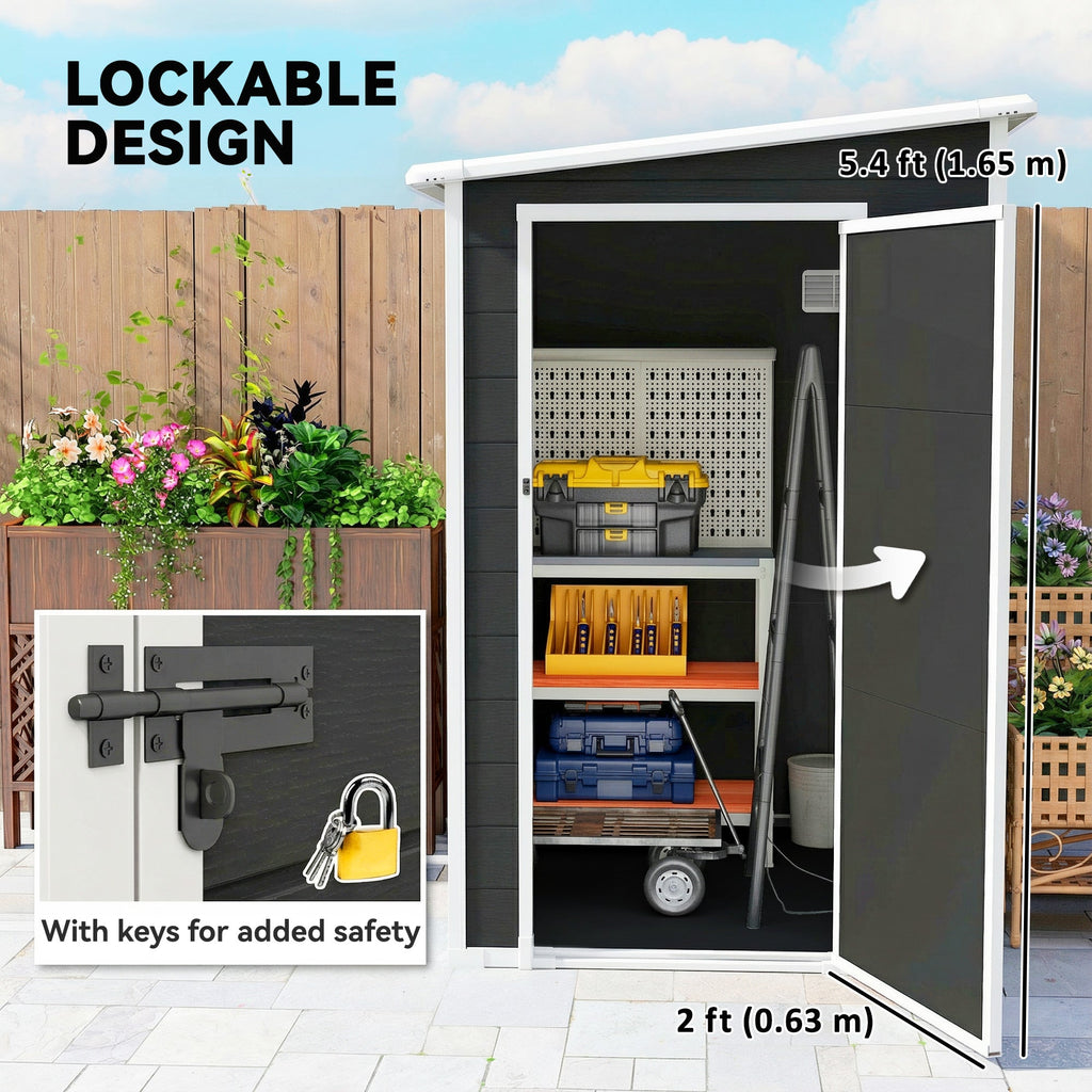 4 x 5FT Plastic Lean-to Garden Shed with Floor, Window and Vent, Black