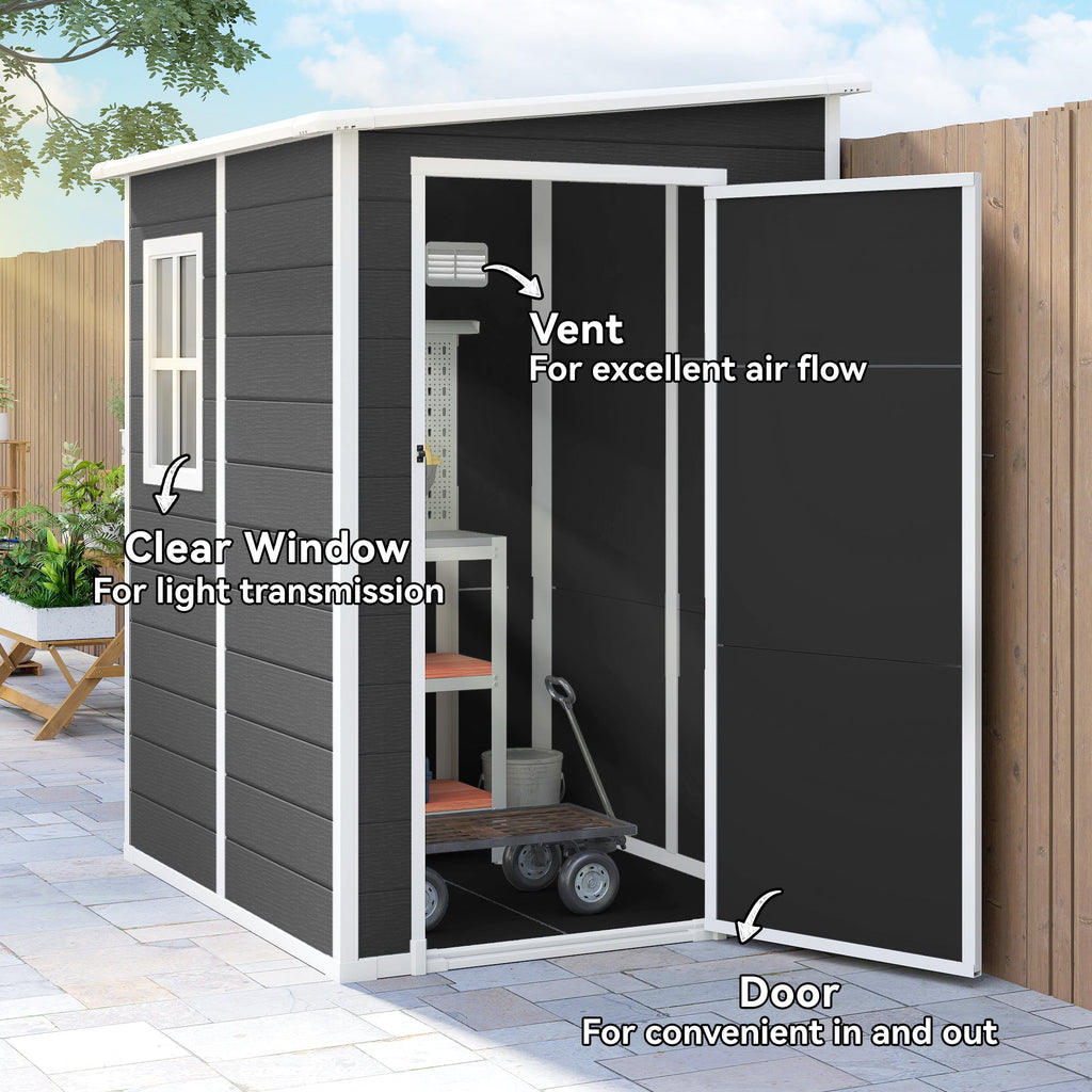 4 x 5FT Plastic Lean-to Garden Shed with Floor, Window and Vent, Black
