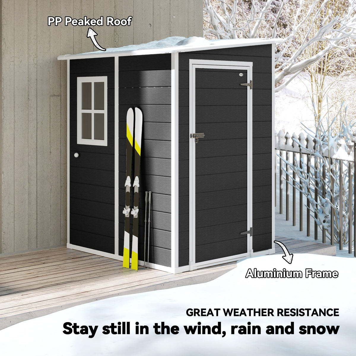 4 x 5FT Plastic Lean-to Garden Shed with Floor, Window and Vent, Black