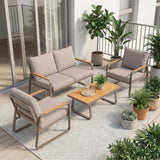 4-Piece Patio Set with Metal Frame and Cushions, Loveseat & 2 Chairs, Brown
