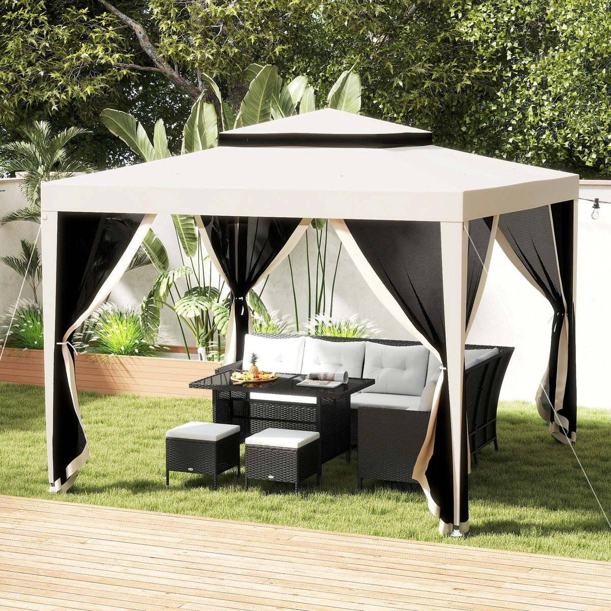 10' x 10' Canopy Tent with Mesh Netting and Double-Tier Roof, Beige