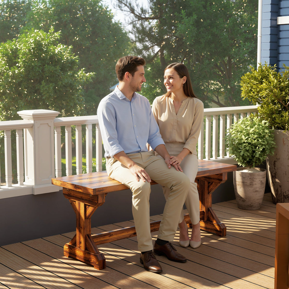 2-Person Outdoor Wooden Bench with Farmhouse X-Shaped Base, Carbonized