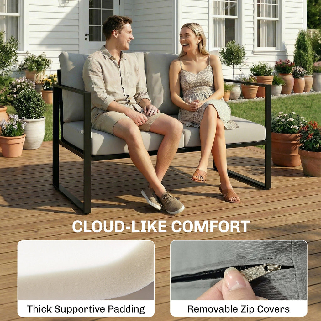 4 Piece Garden Furniture Set with Loveseat, Armchairs and Slatted Table, Grey