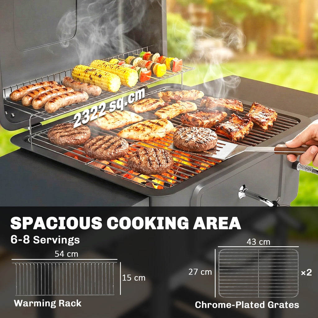 Charcoal BBQ Grill with Adjustable Pan, Side Tables and Chimney, Black