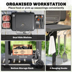 Charcoal BBQ Grill with Adjustable Pan, Side Tables and Chimney, Black