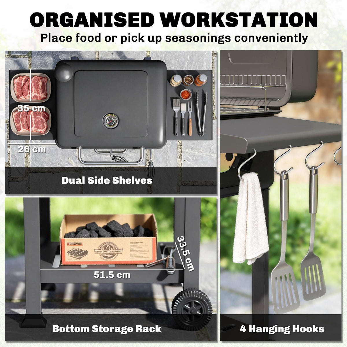 Charcoal BBQ Grill with Adjustable Pan, Side Tables and Chimney, Black