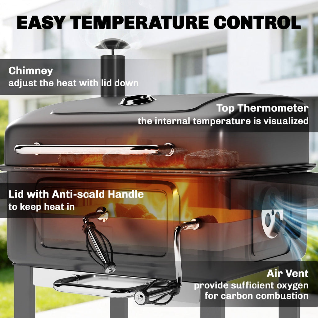 Charcoal BBQ Grill with Adjustable Pan, Side Tables and Chimney, Black
