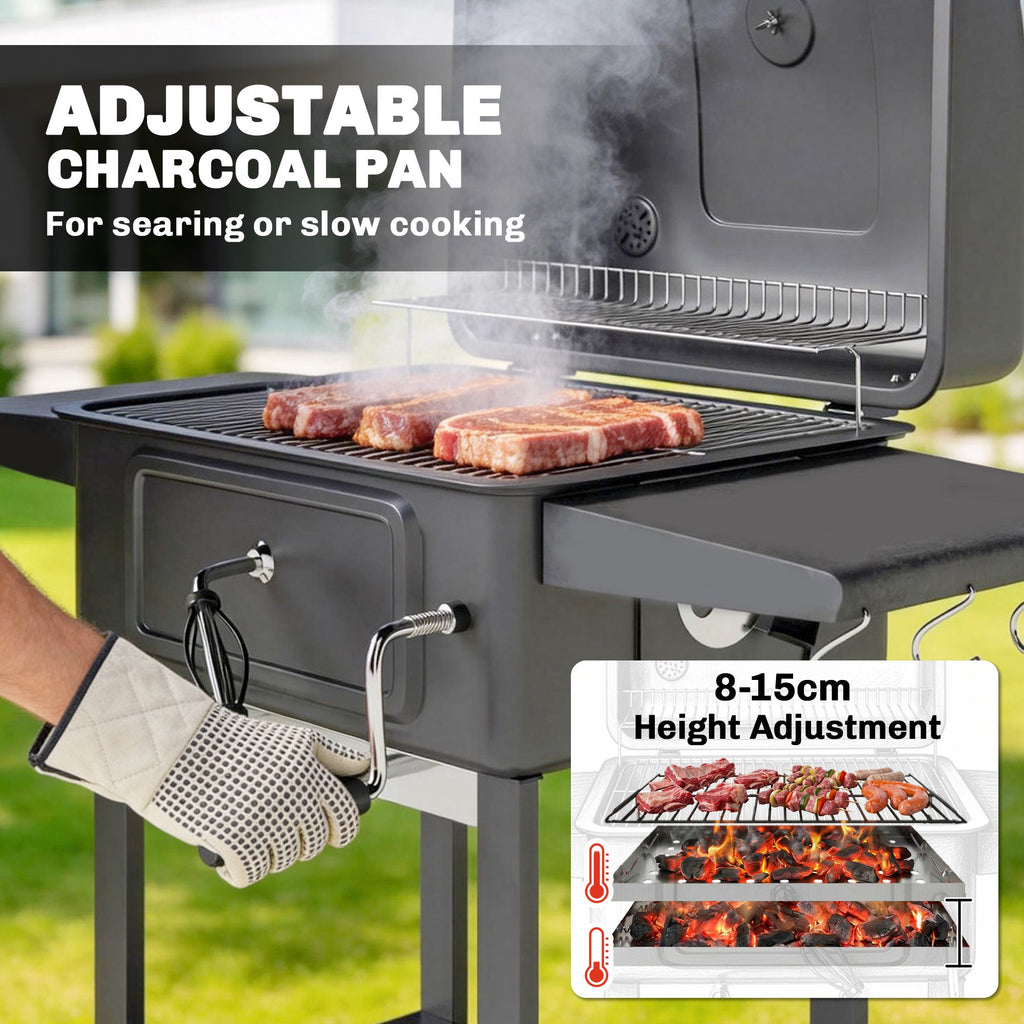 Charcoal BBQ Grill with Adjustable Pan, Side Tables and Chimney, Black