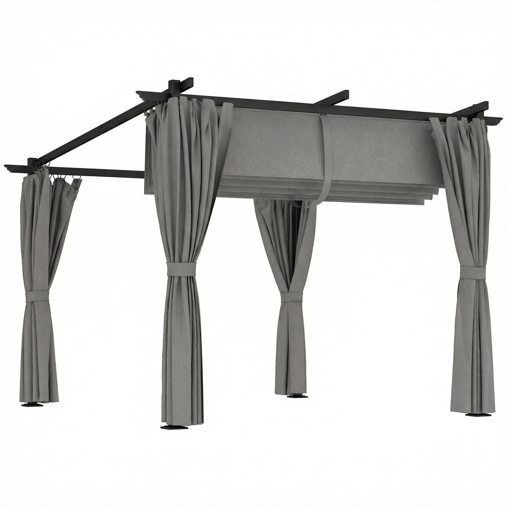 3 x 3 m Metal Pergola with Retractable Roof and Sidewalls, Light Grey
