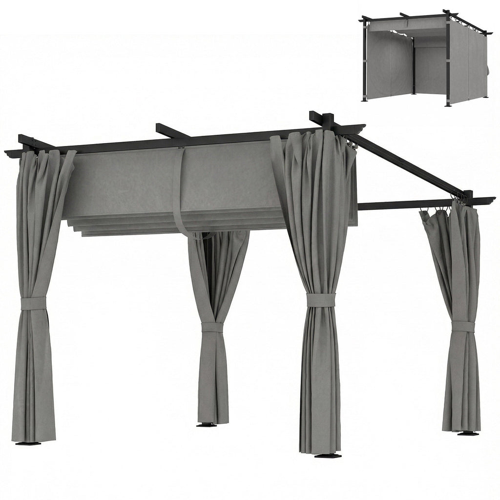 3 x 3 m Metal Pergola with Retractable Roof and Sidewalls, Light Grey
