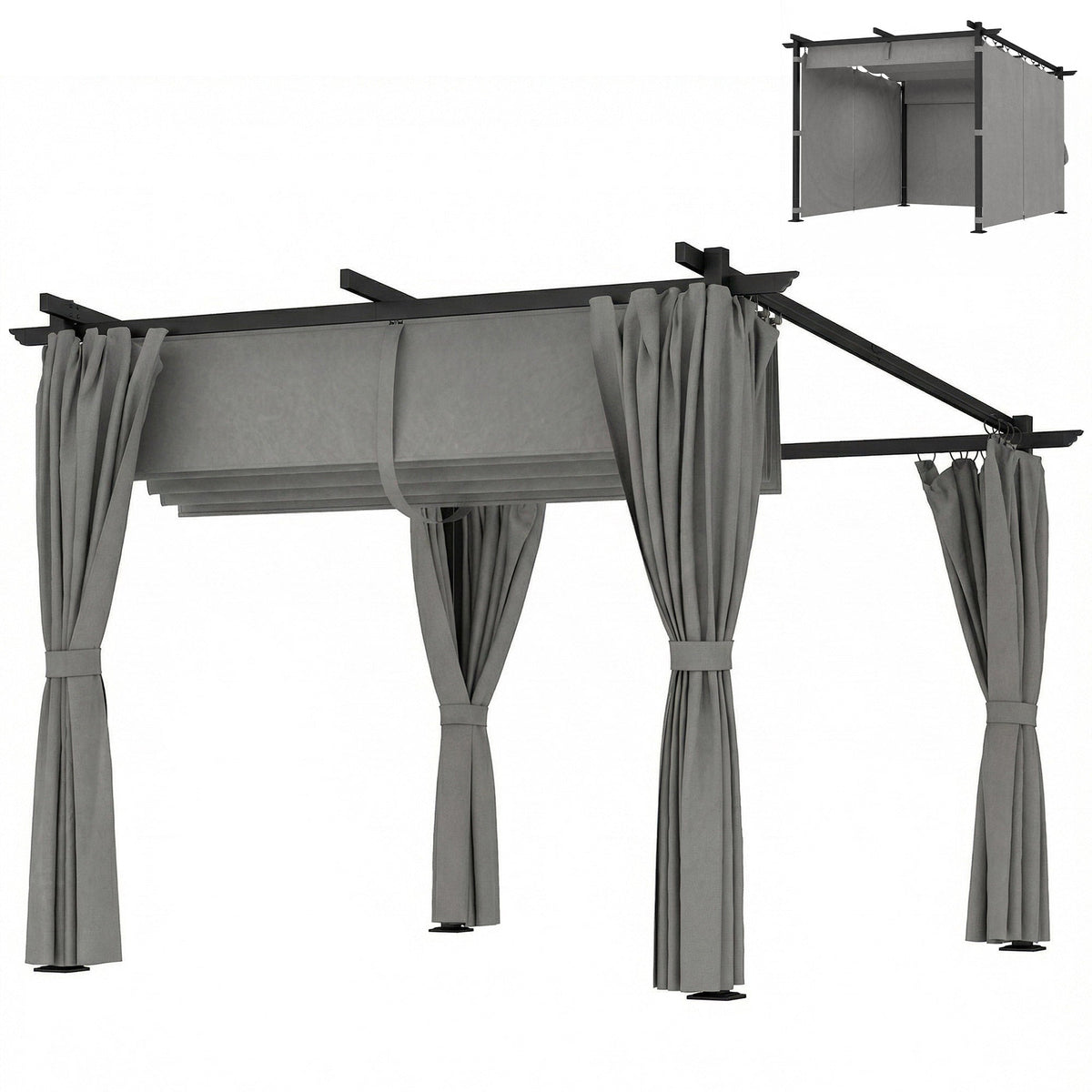 3 x 3 m Metal Pergola with Retractable Roof and Sidewalls, Light Grey