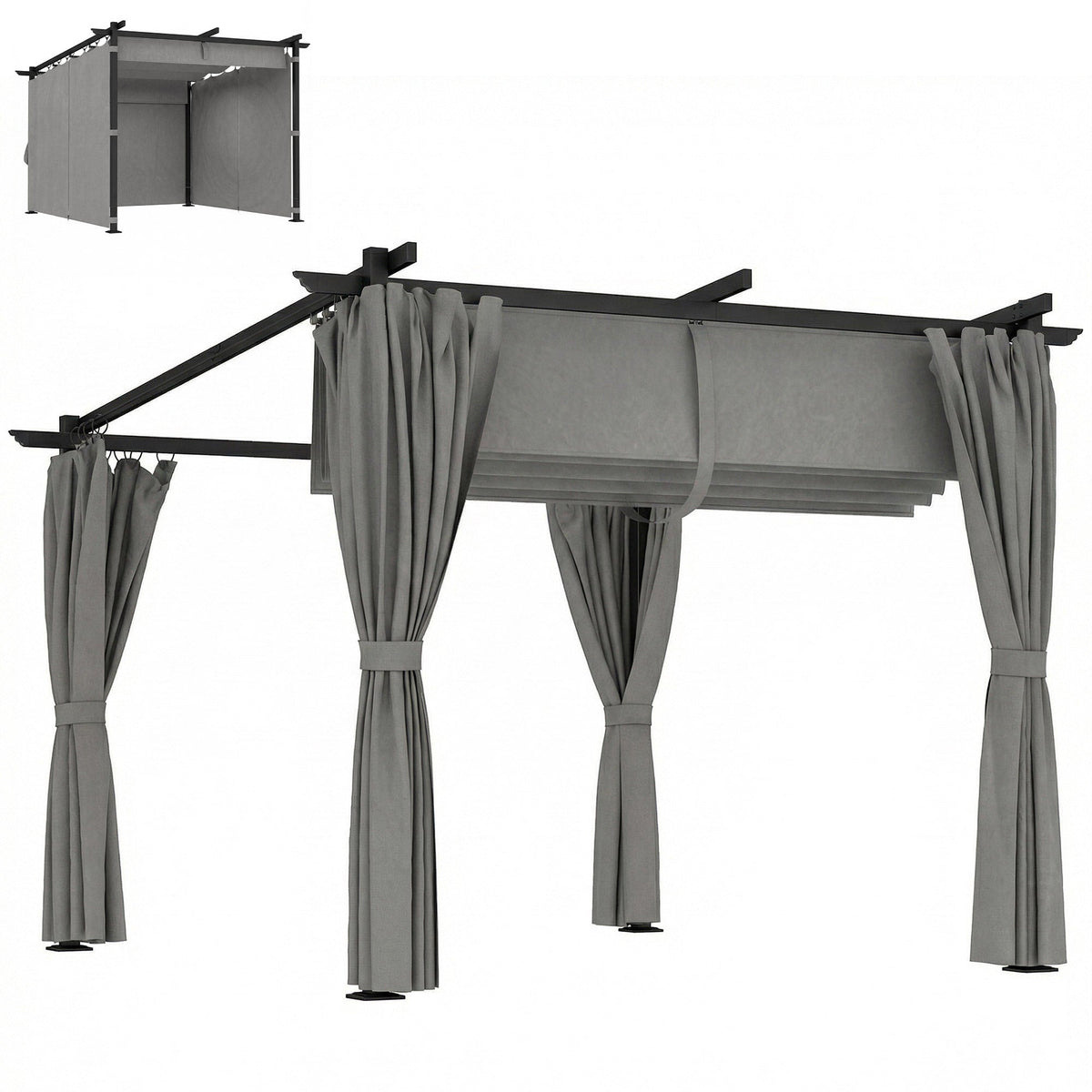 3 x 3 m Metal Pergola with Retractable Roof and Sidewalls, Light Grey