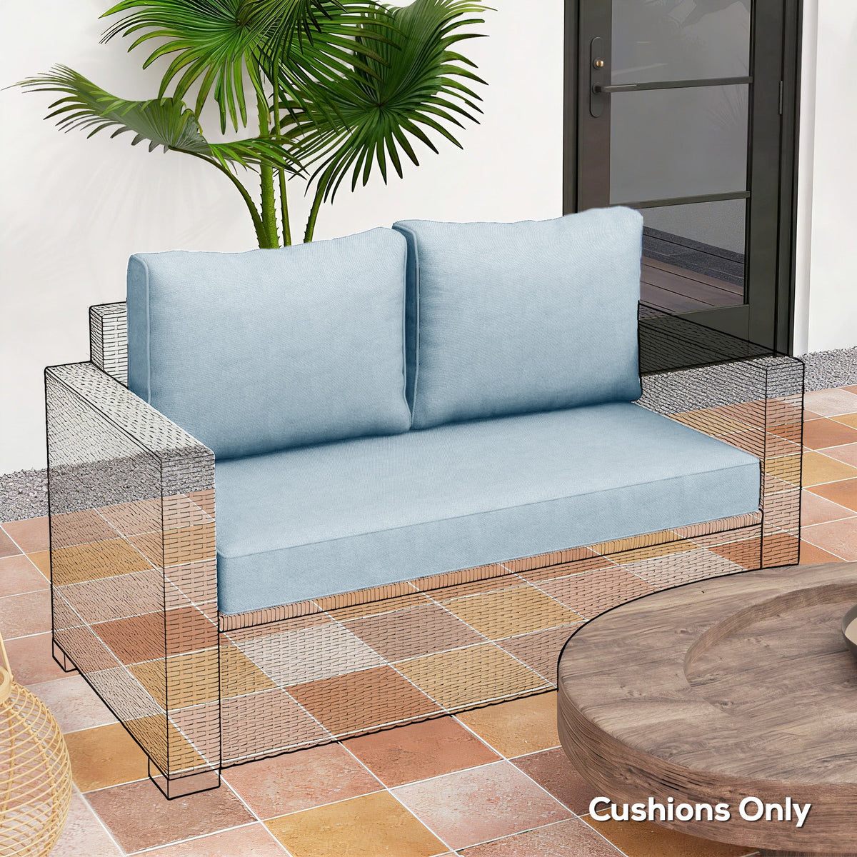2 Seater Outdoor Seat Cushions with Backrest, Light Blue