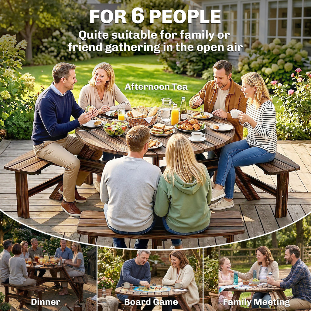 6 Seater Wooden Garden Picnic Table Set with Matching Bench, Carbonized