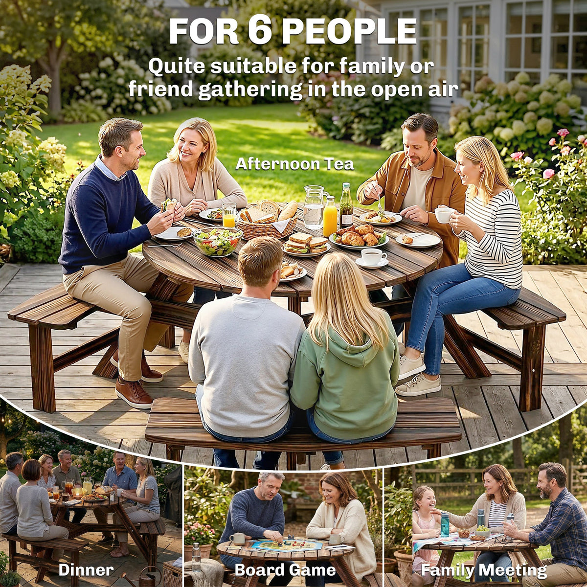 6 Seater Wooden Garden Picnic Table Set with Matching Bench, Carbonized