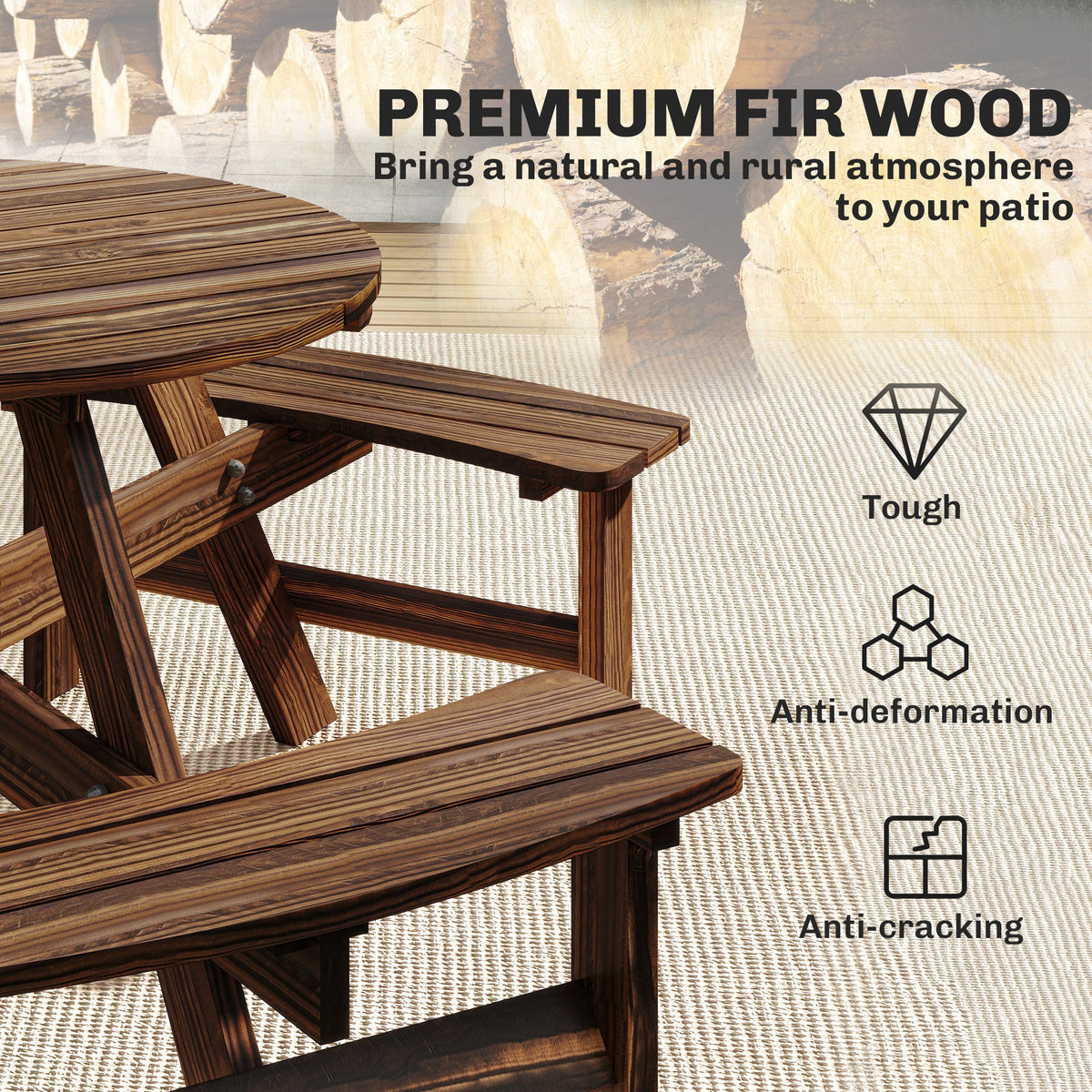 6 Seater Wooden Garden Picnic Table Set with Matching Bench, Carbonized