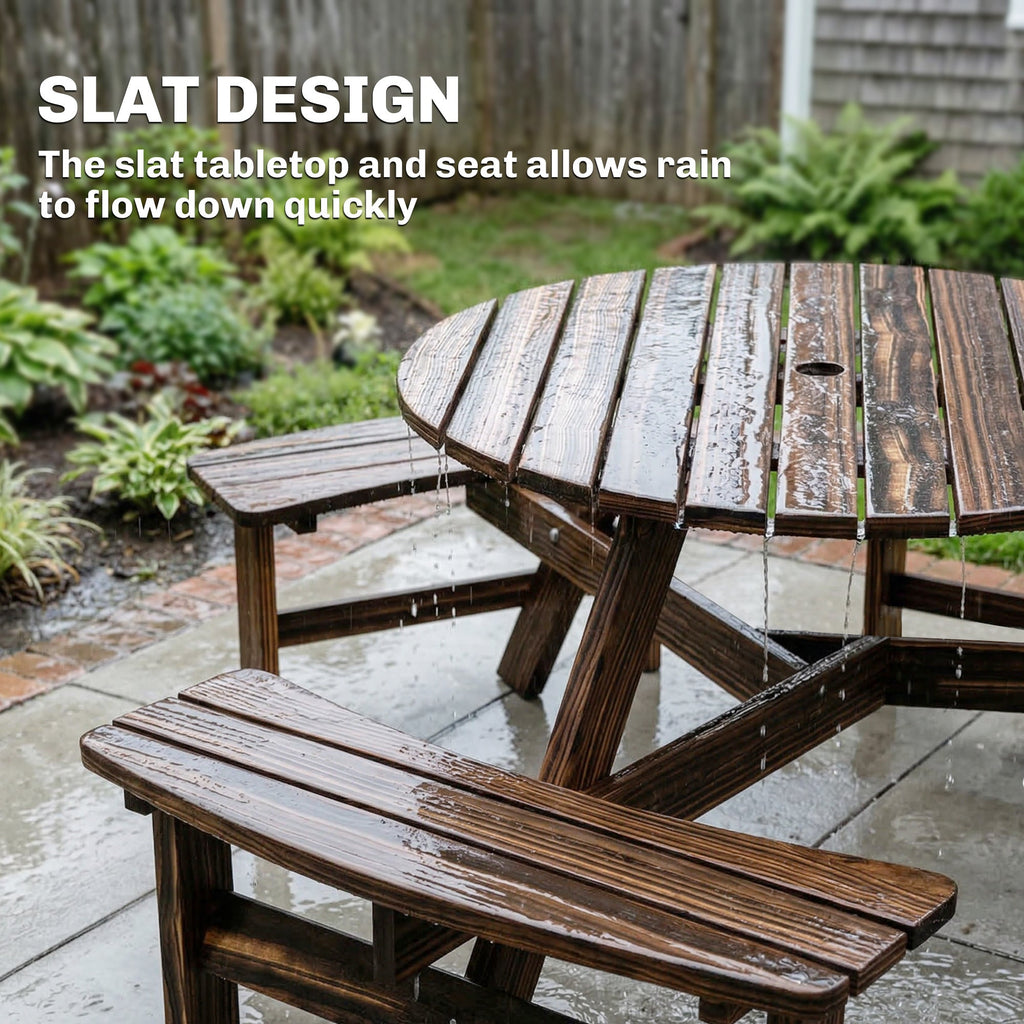 6 Seater Wooden Garden Picnic Table Set with Matching Bench, Carbonized