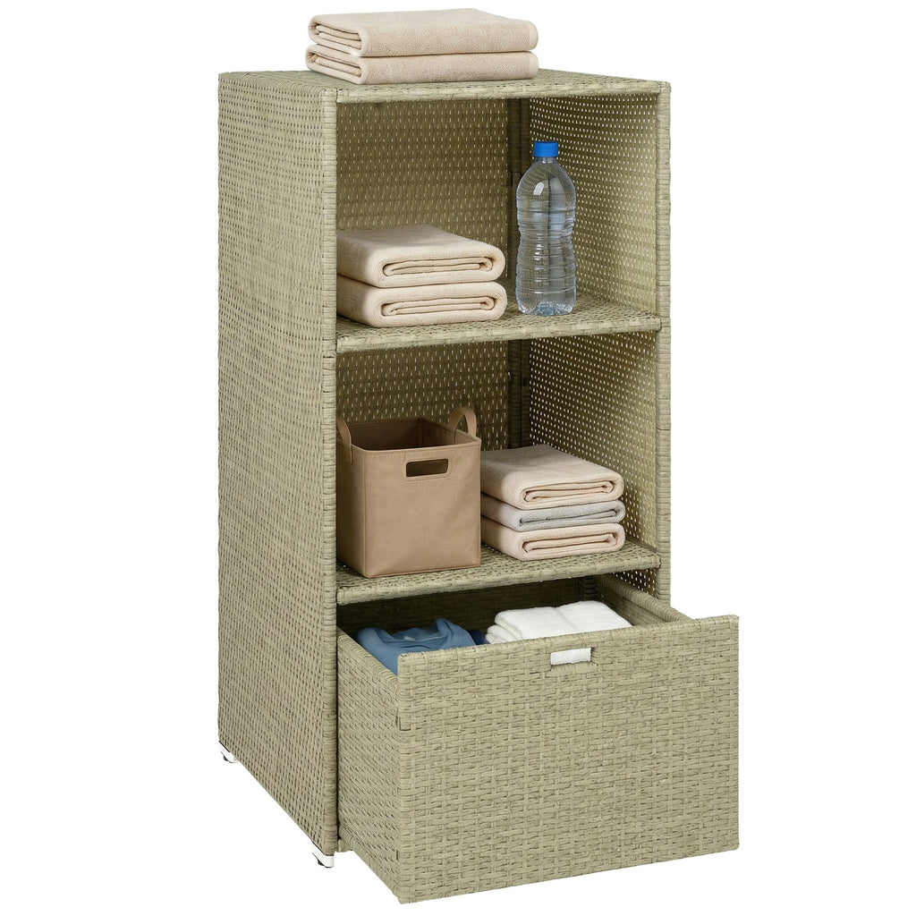 Pool Towel Rack with 2 Shelves and Basket Drawer, PE Rattan, Gradient Gray