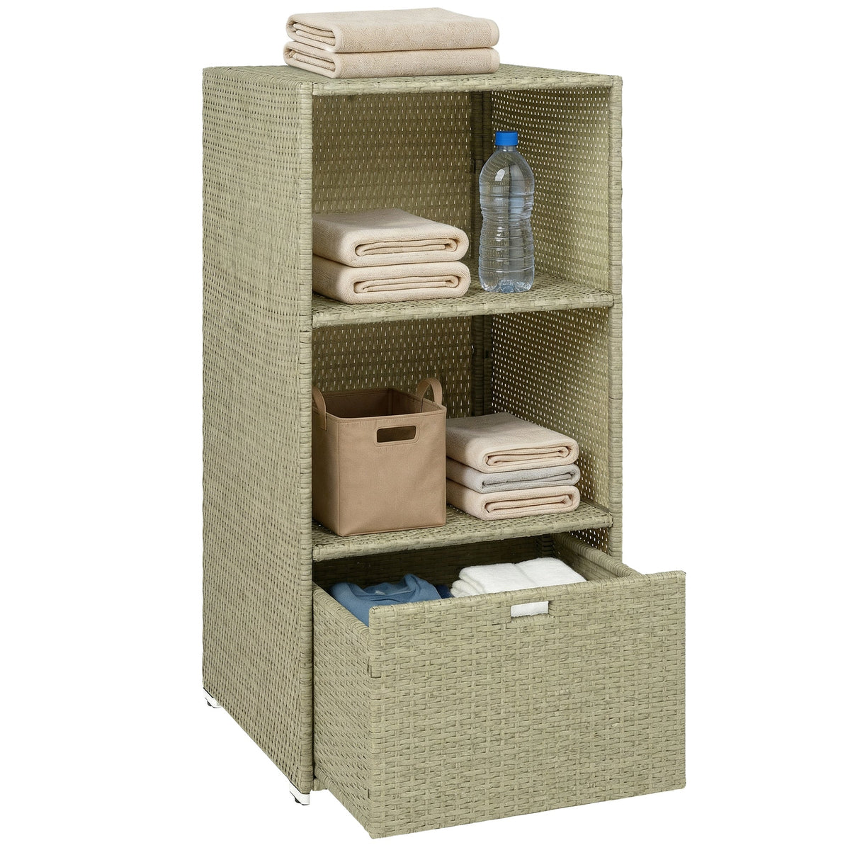 Pool Towel Rack with 2 Shelves and Basket Drawer, PE Rattan, Gradient Gray