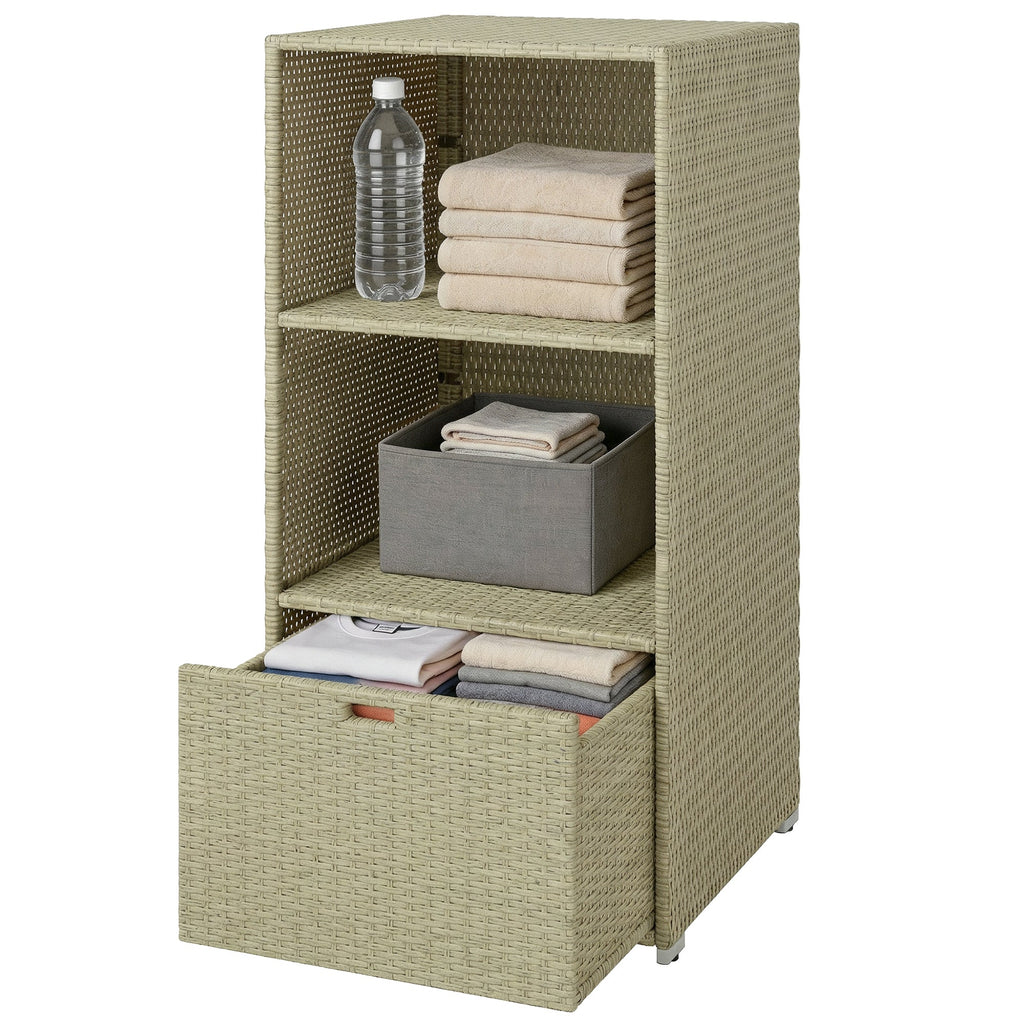 Pool Towel Rack with 2 Shelves and Basket Drawer, PE Rattan, Gradient Gray