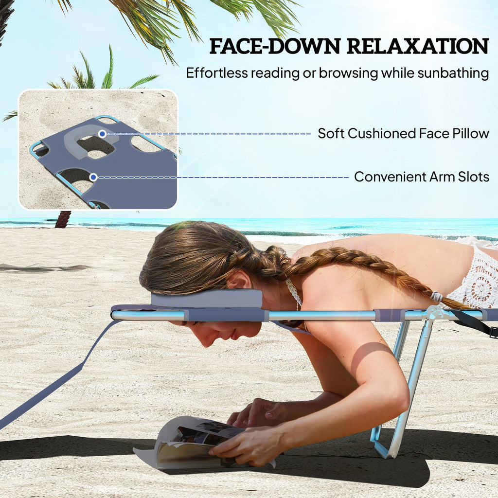 Folding Lounge Chair with Face Hole, Side Pocket and Strap, Grey