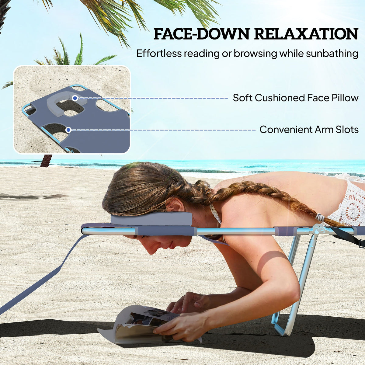 Folding Lounge Chair with Face Hole, Side Pocket and Strap, Grey