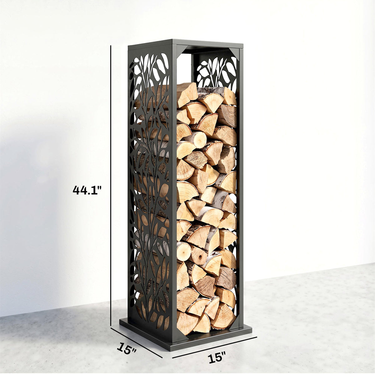 15 Inch Firewood Rack with Heavy-Duty Galvanized Steel Log Holder Featuring 4 Hooks & Adjustable Pads, Black
