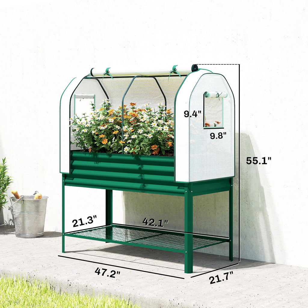 Galvanized Raised Garden Bed with Greenhouse Cover, Green