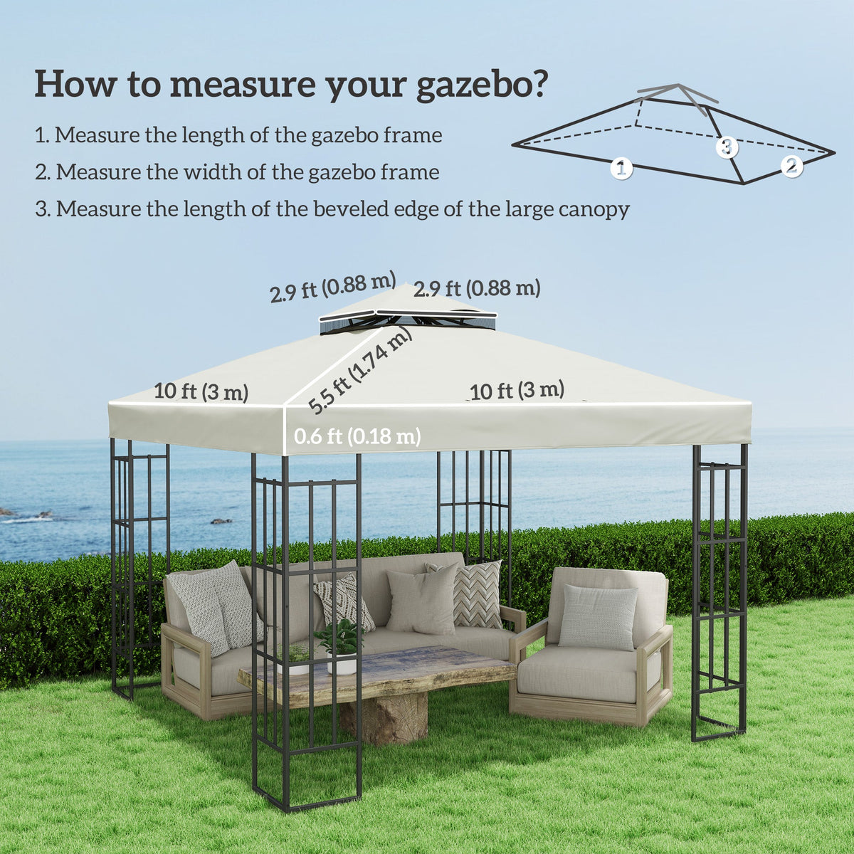 10' x 10' 2-Tier Gazebo Replacement Canopy Top Cover in Light Grey