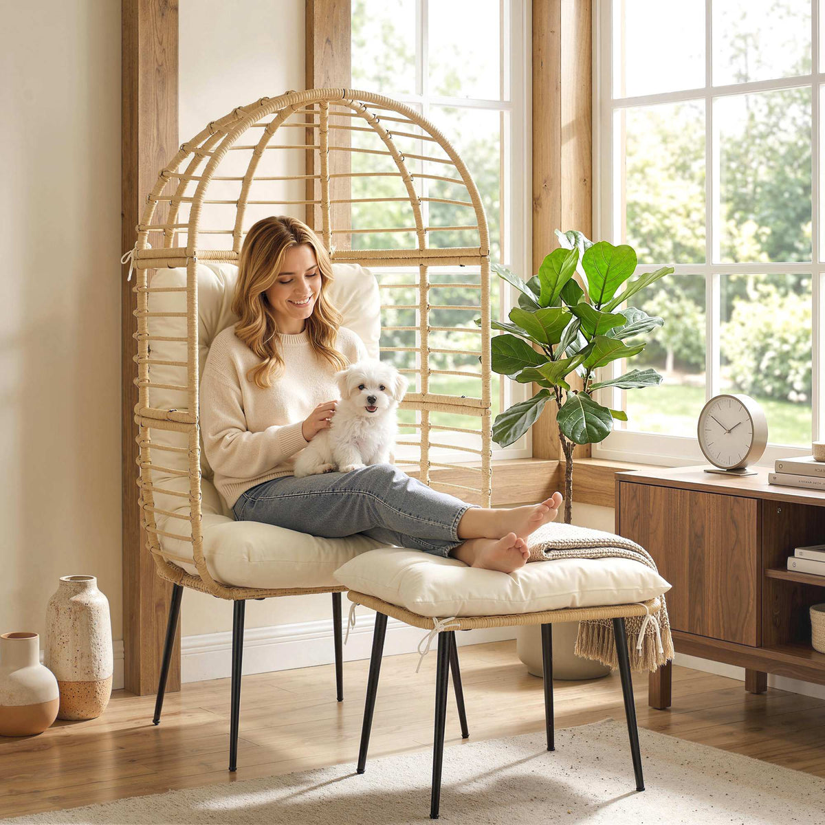 Standing Egg Chair with Footstool, PE Rattan Egg Chair with Cushions, Beige
