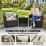 3 Piece Patio Bistro Set with Glass Table and Cushioned Chairs, Beige