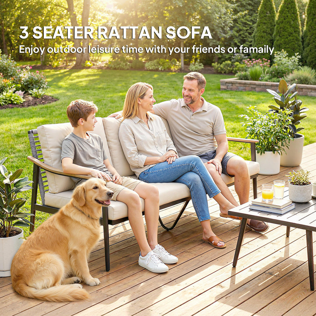 3 Seater Rattan Sofa with Wood-Effect Armrests, Khaki