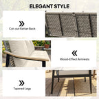 3 Seater Rattan Sofa with Wood-Effect Armrests, Khaki