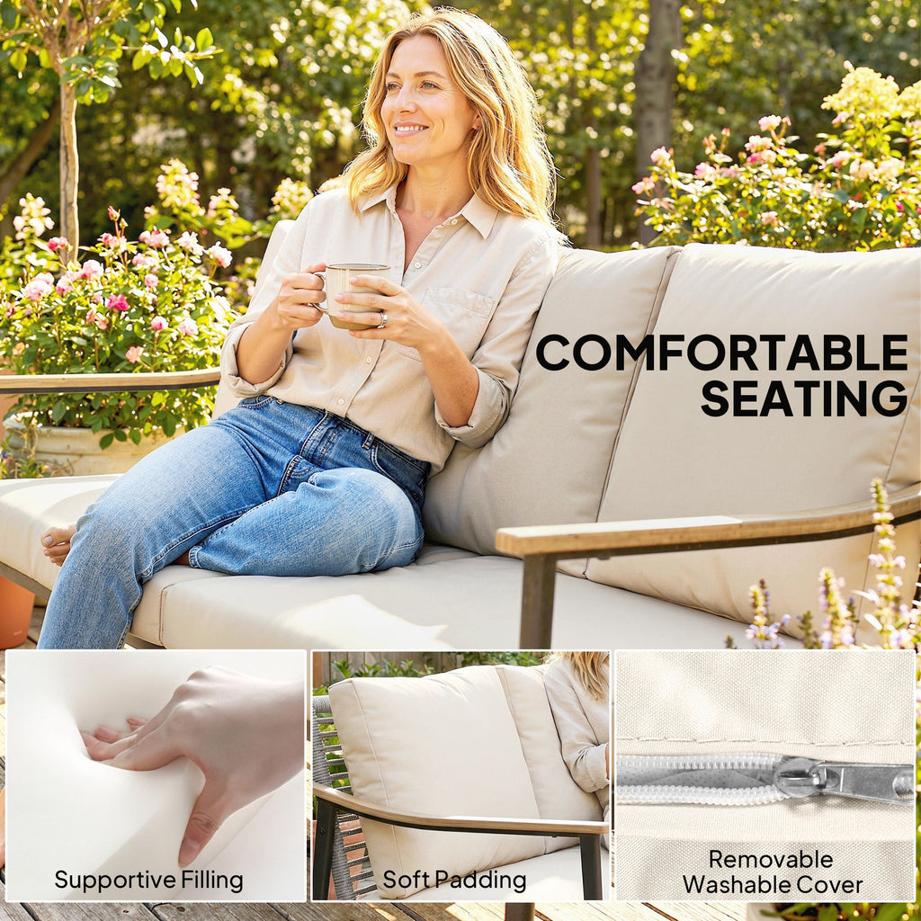 3 Seater Rattan Sofa with Wood-Effect Armrests, Khaki
