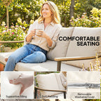 3 Seater Rattan Sofa with Wood-Effect Armrests, Khaki