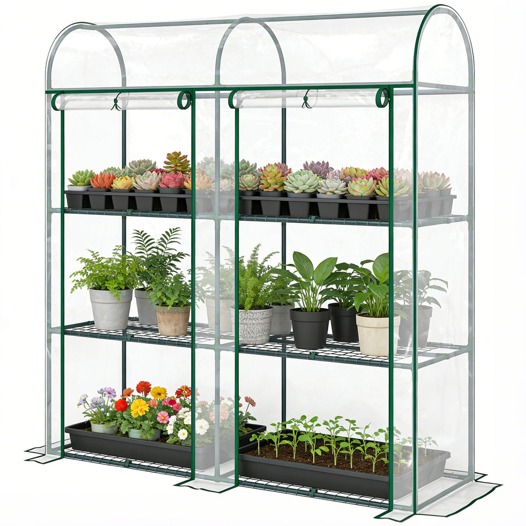 3 Tier Mini Greenhouse with 2 Roll-up Doors, 56.3" x 18.1" x 64.6"