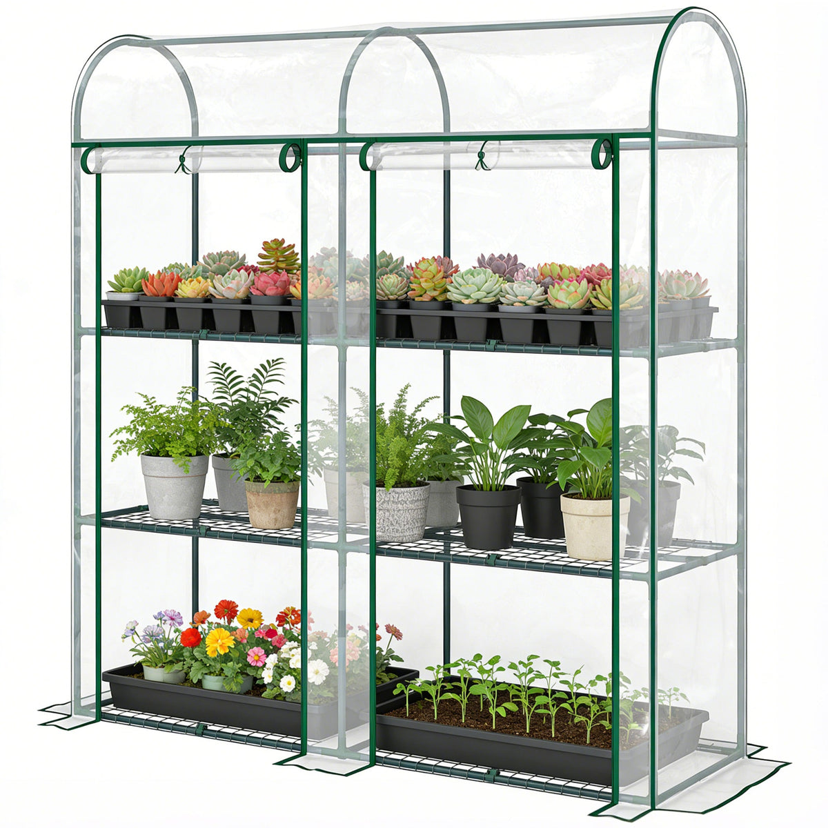 3 Tier Mini Greenhouse with 2 Roll-up Doors, 56.3" x 18.1" x 64.6"