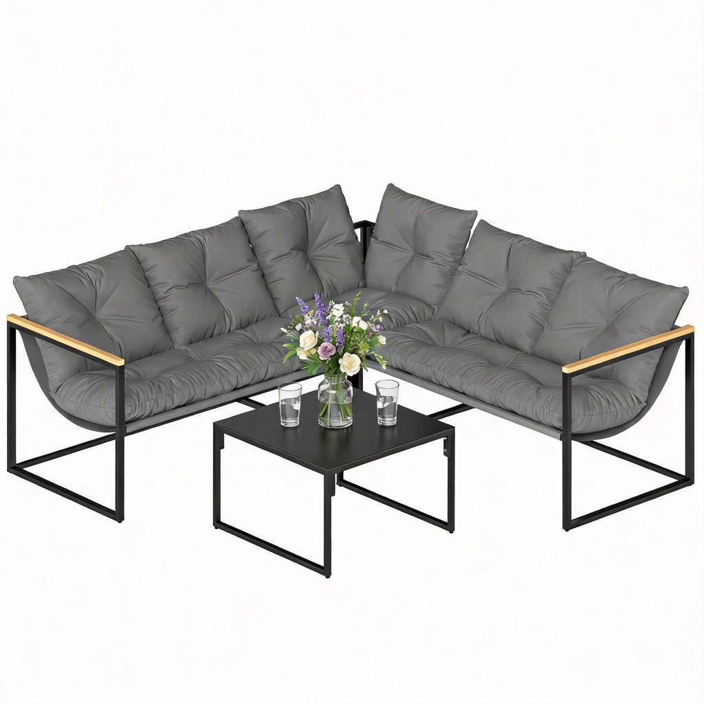 4 Piece Garden Furniture Set with Coffee Table and Thick Cushions, Grey