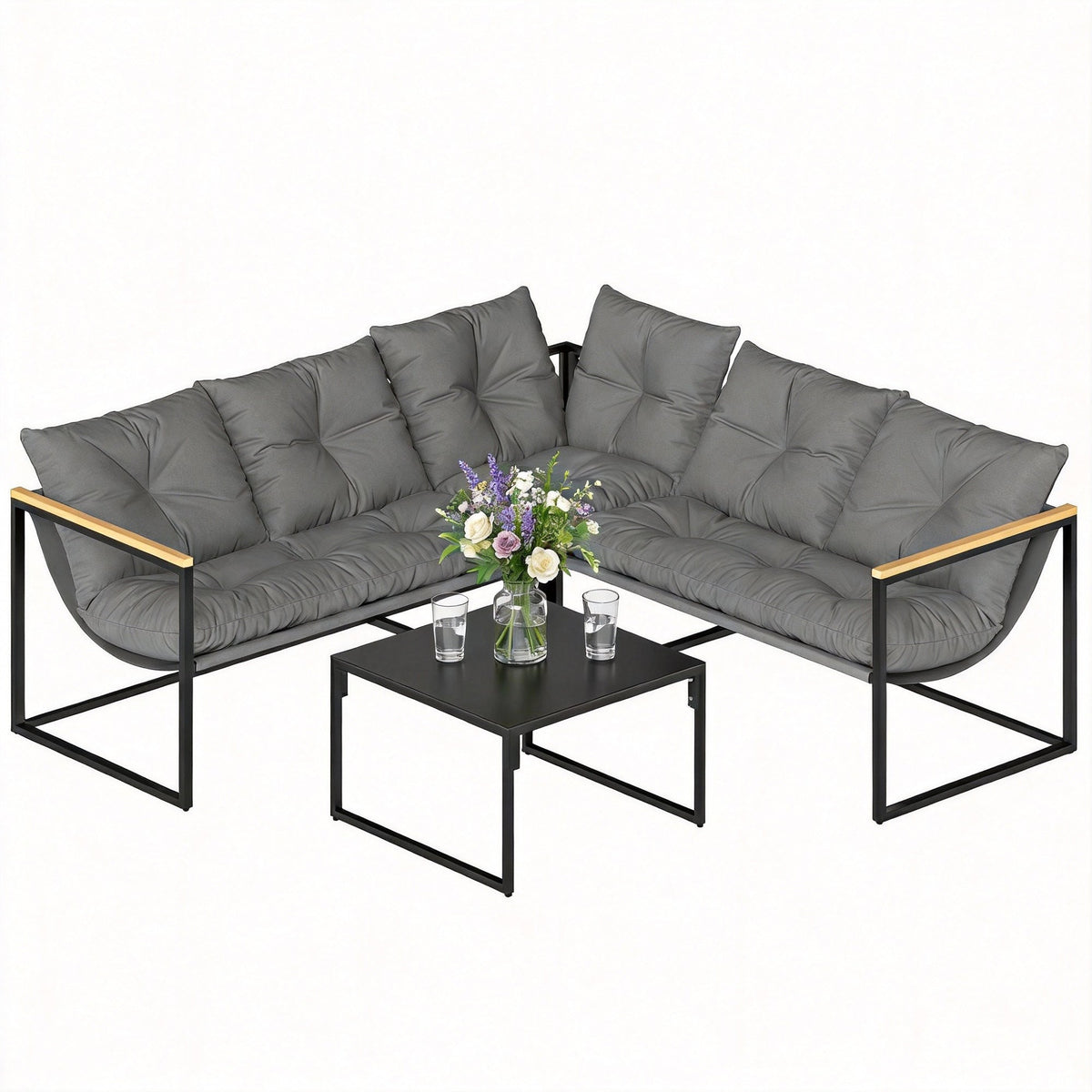 4 Piece Garden Furniture Set with Coffee Table and Thick Cushions, Grey