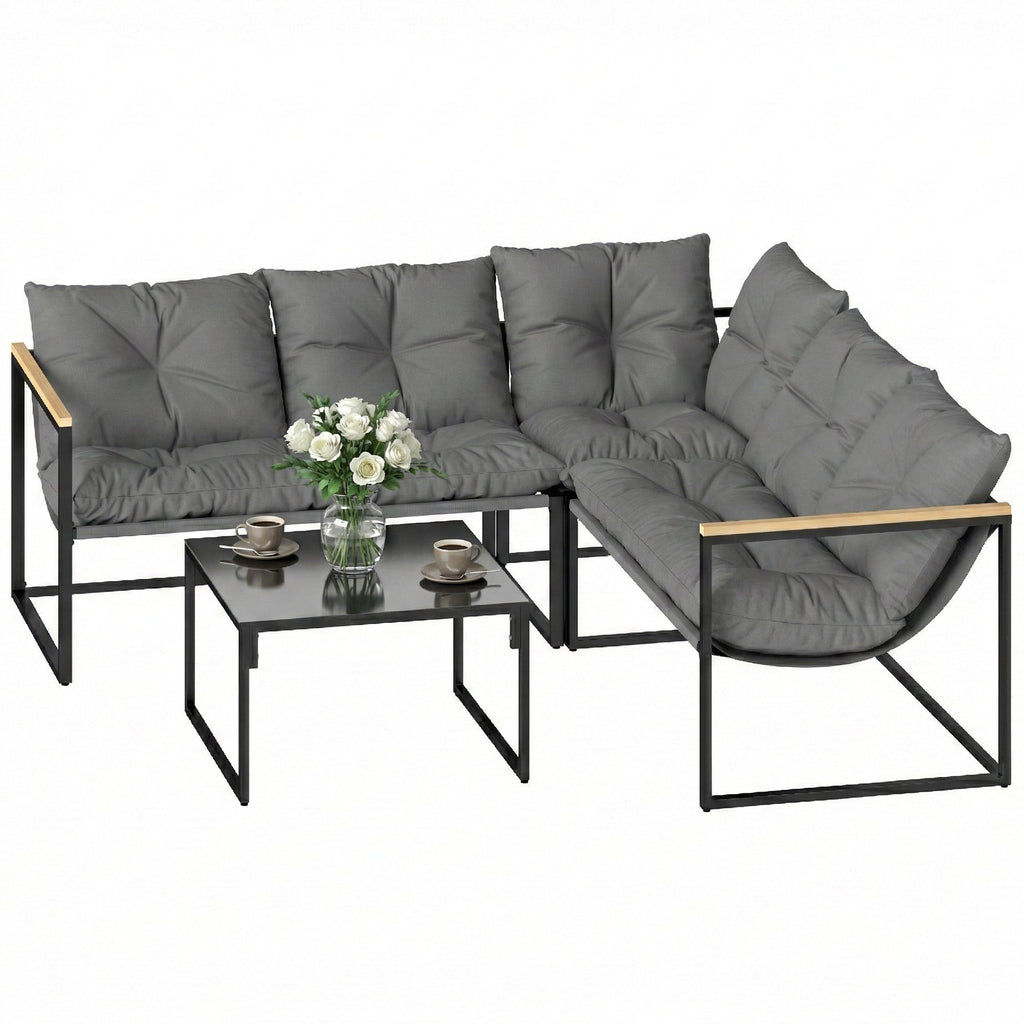 4 Piece Garden Furniture Set with Coffee Table and Thick Cushions, Grey