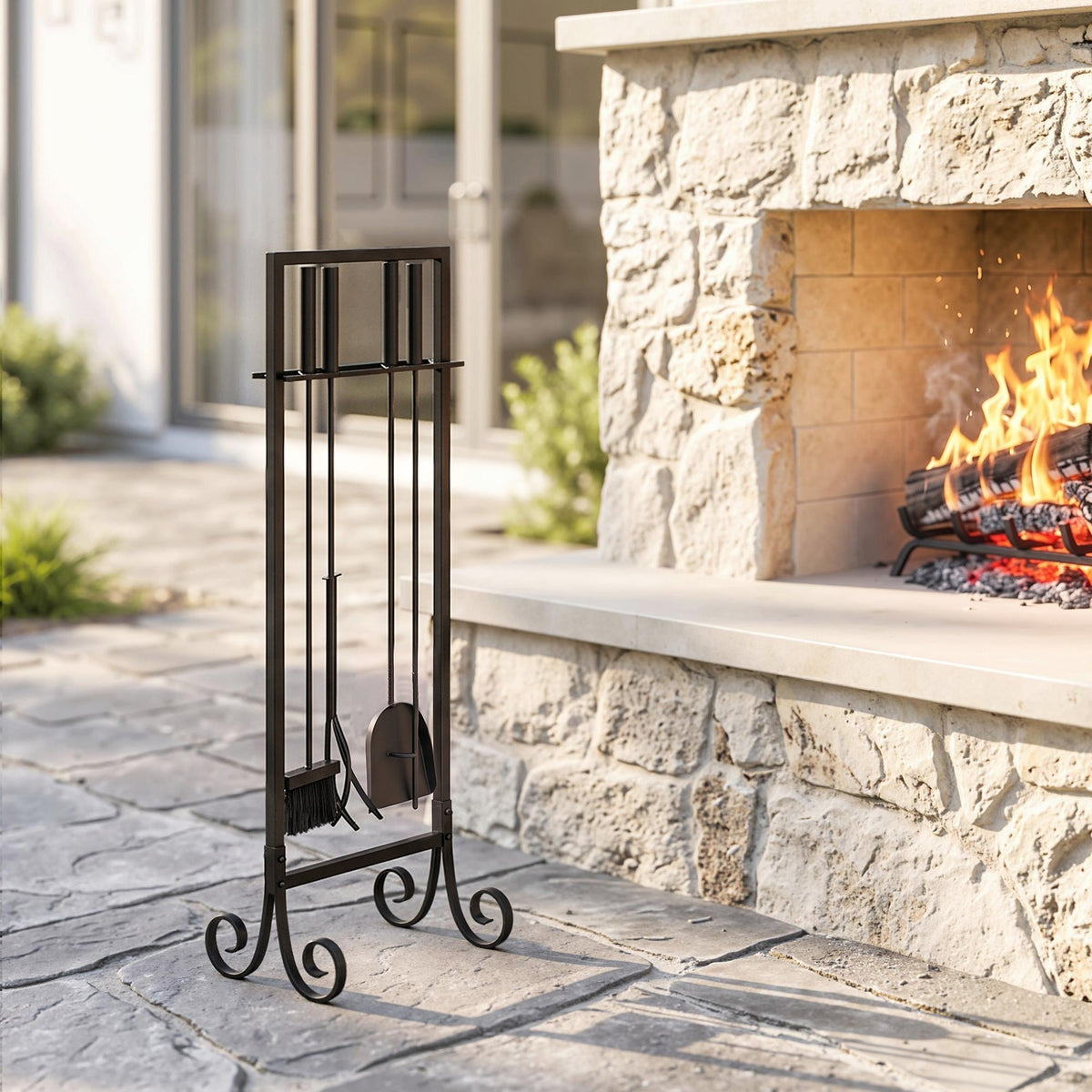 5-Piece Fireplace Tool Set with Brush, Shovel, Poker, Tongs & Stand, Black Metal