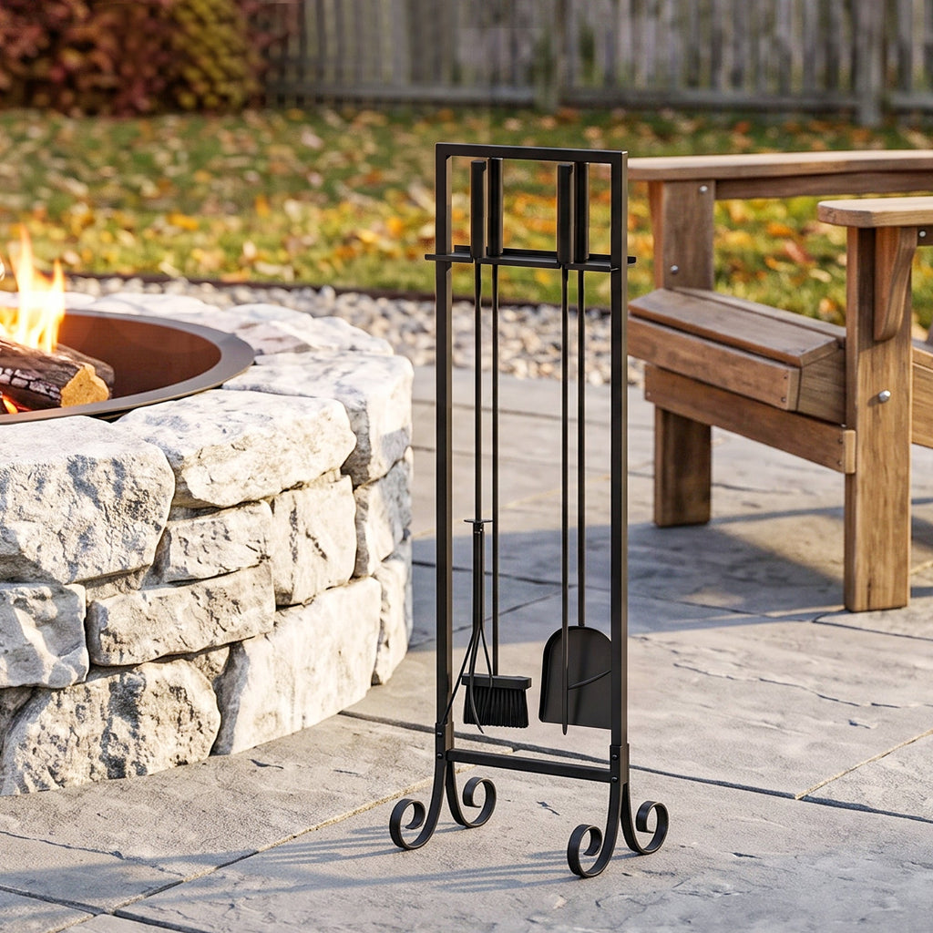 5-Piece Fireplace Tool Set with Brush, Shovel, Poker, Tongs & Stand, Black Metal