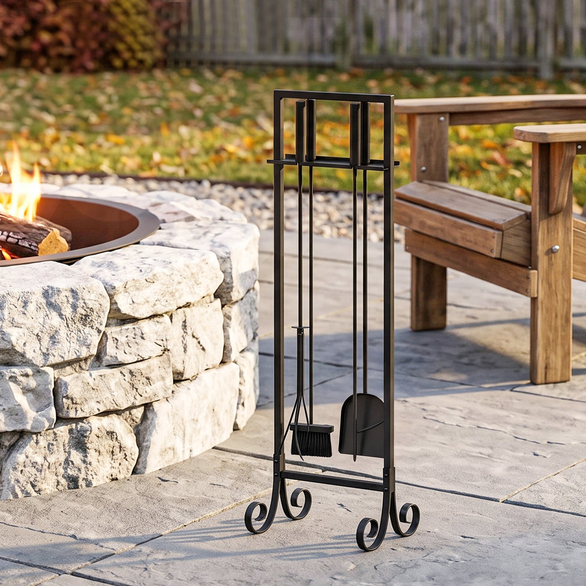 5-Piece Fireplace Tool Set with Brush, Shovel, Poker, Tongs & Stand, Black Metal