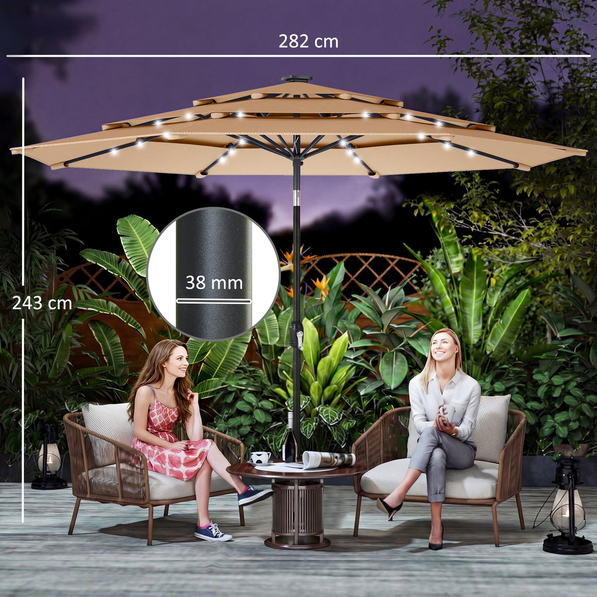 2.8 m Garden Parasol with Solar LED Light, Cover and 3-Tier Top, Khaki