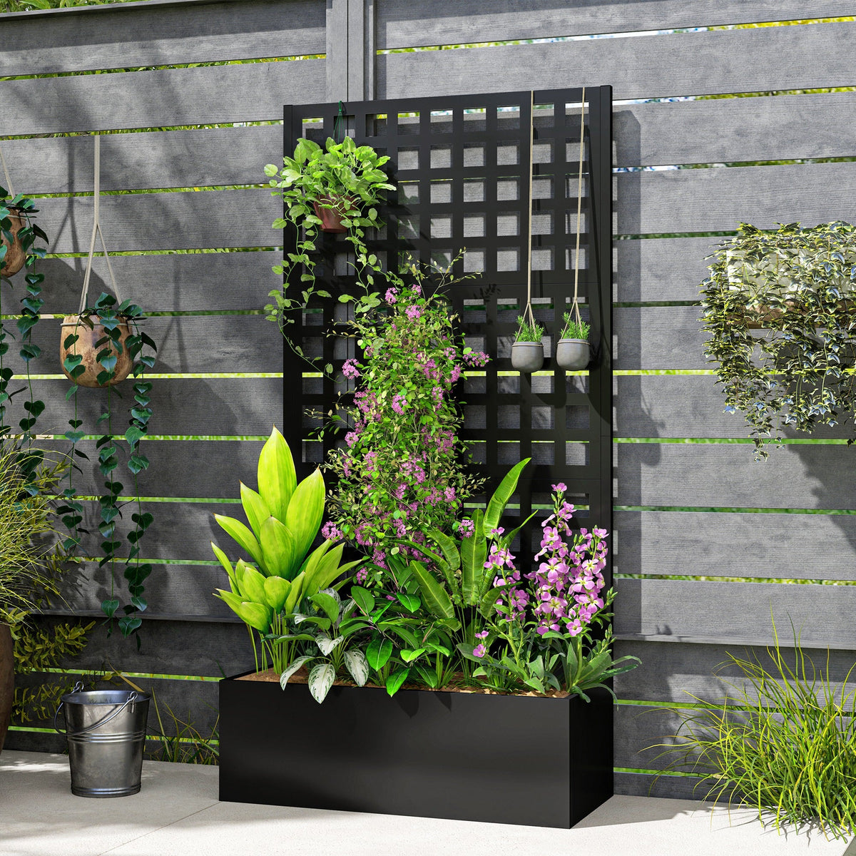 Galvanized Raised Garden Bed with Trellis, 35" x 16" x 70", Black