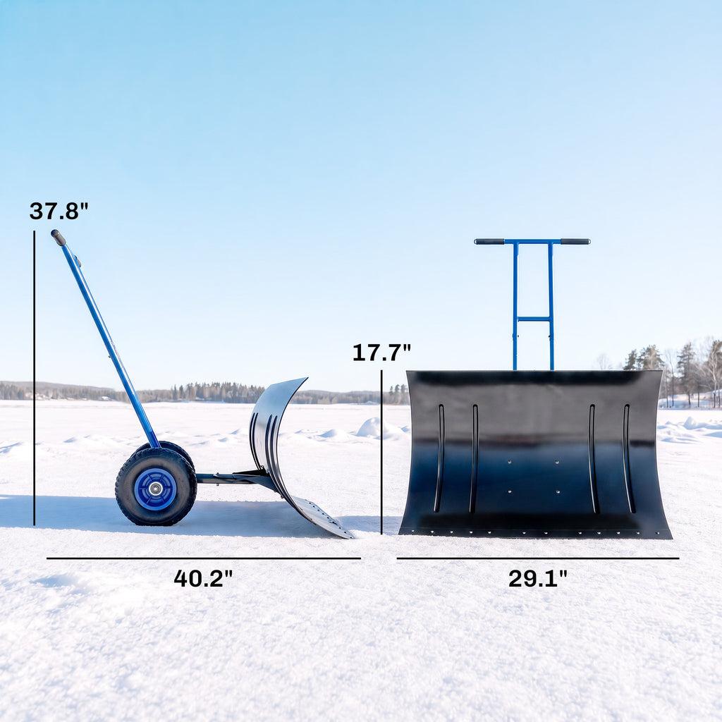 Heavy-Duty Metal Snow Pusher with Wheels, Adjustable Handle, 29" x 18" Blue