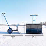 Heavy-Duty Metal Snow Pusher with Wheels, Adjustable Handle, 29" x 18" Blue